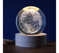 I-TOTAL®- Sfera di vetro 3D con LED RGB effetto sul soffitto, luce notturna per bambini, lampada da notte con base in legno, tema fantasy, decorazione in cristallo disegno (MONDO)