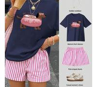 I tuoi top oversize a maniche corte con stampa "Tu sei il mio hot dog" e pantaloncini a righe, completi estivi da donna in due pezzi L,M,S,XL,XXLAnimale,Colore unico,A striscePoliestere,Tessuto intrec