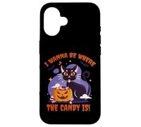 I Wanna Be Where the Candy Is! Funny Black Kawaii Cat Custodia per iPhone 16