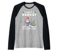 I Want A Donkey for Christmas Santa Hat Funny Xmas Maglia con Maniche Raglan