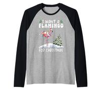 I Want A Flamingo for Christmas Santa Hat Funny Xmas Maglia con Maniche Raglan