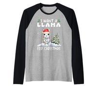 I Want A Llama for Christmas Santa Hat Funny Xmas Maglia con Maniche Raglan