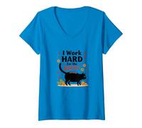 I Work Hard for The Kitty - Umorismo Amante dei Gatti Maglietta con Collo a V, Donna, Zaffiro, L