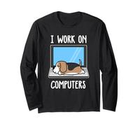 I Work On Computer Beagle Dog Sleep Funny Puppy Lovers Maglia a Manica