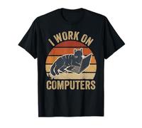 I Work On Computers Retro Tramonto Divertente Gatto Laptop Art Maglietta