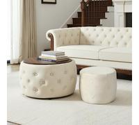 I0I&I0I Brandless - Set di 2 sgabelli in velluto Nesting 4 in 1, con ripiano in legno, senza montaggio, salvaspazio (beige + velluto + moderno)