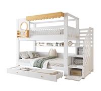I0I&I0I Letto a castello con armadio a scale e ripiani, due cassetti con ruote, ripiano laterale per la cameretta dei bambini, letto portaoggetti in legno di pino MDF