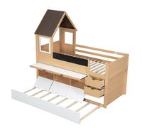 I0I&I0I Letto a castello per bambini, letto a castello con letto estraibile, cassetto estraibile, tavolo per graffiti, in pino MDF, bianco naturale, letto a soppalco con finestra, scala certificata
