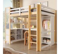 I0I&I0I Letto a soppalco moderno con scrivania, scaffali, armadio, per la cameretta dei bambini (naturale + pino + 140 cm x 200 cm)