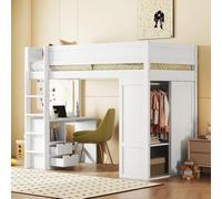 I0I&I0I Letto a soppalco per bambini con armadio, scrivania, cassetti, design versatile, per la cameretta dei bambini, area di studio (bianco + pino)