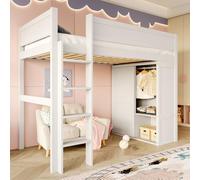 I0I&I0I Letto a soppalco per bambini con armadio, scrivania, cassetti, design versatile, per la cameretta dei bambini, area di studio (bianco + pino + 90 cm x 200 cm)