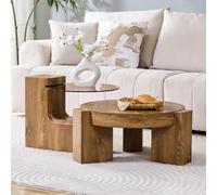I0I&I0I Set di 2 tavolini da caffè in vetro MDF effetto legno, separabili, salvaspazio, versatili, per soggiorno, divano, mobili (legno e MDF + vetro)