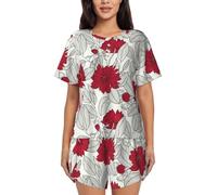 iama da donna con foglie e fiori di anemone in rosso e grigio, a maniche c