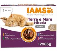 IAMS Delights Land & Sea Collection cibo umido per gatti, multipack con varietà di carne e pesce in salsa, alimento umido per gatti a partire da 1 anno di età, 12 x 85 g