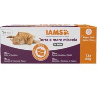 IAMS Delights Land & Sea Collection cibo umido per gatti, multipack con varietà di carne e pesce in salsa, alimento umido per gatti a partire da 1 anno di età, 72 x 85 g