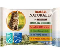 IAMS Naturally cibo umido in salsa per gatti - Cibo umido di alta qualità con carne e pesce per gatti adulti, Land & Sea Collection, 4 x 85 g