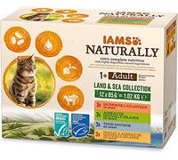 IAMS Naturally cibo umido in salsa per gatti - Cibo umido di alta qualità con carne e pesce per gatti adulti, Land & Sea Collection, 12 x 85 g