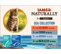 IAMS Naturally cibo umido per gatti in salsa - Cibo umido di alta qualità con pesce per gatti adulti, Sea Collection, 12 x 85 g