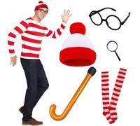 IAndhy Wally Costume da Wheres Wally, set per adulti con berretto, occhiali neri, bastone da passeggio gonfiabile, lente d'ingrandimento, ideale per la Giornata mondiale del libro, Halloween, eventi
