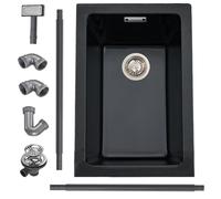 iAnomla Lavello da cucina al quarzo 35 x 45 cm, kit di scarico per lavello da cucina in composito/sottopieno, piccolo nero, vasca singola commerciale con troppopieno, adatto per postazione di lavoro