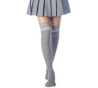 iB-iP Donna Calze Alte Righe Stile Calcio Coscia Lunghe Sportive, Taglia: Taglia unica, Grigio chiaro