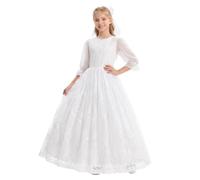 IBAKOM Vestito da ragazza floreale per matrimonio: elegante abito da | 2 pezzi. Abito estivo con fermaglio per capelli, maniche a 3/4, in tulle, lungo, da principessa, per feste di compleanno