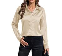 IBAOTORONI Camicette da donna in raso: a maniche lunghe, con colletto classico, in seta, casual, da lavoro, beige., XL