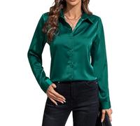 IBAOTORONI Camicie da donna in raso con bottoni, a maniche lunghe, con colletto classico, in seta, con bottoni, top da lavoro casual, verde scuro, XL