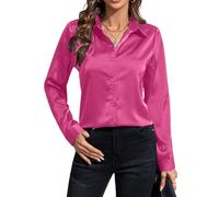 IBAOTORONI Camicie da donna in raso con bottoni, a maniche lunghe, con colletto classico, in seta, con bottoni, top da lavoro casual, Rosso rosato, XL
