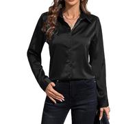 IBAOTORONI Camicie da donna in raso con bottoni, a maniche lunghe, con colletto classico, in seta, con bottoni, top da lavoro casual, nero, S