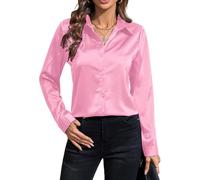 IBAOTORONI Camicie da donna in raso con bottoni, a maniche lunghe, con colletto classico, in seta, con bottoni, top da lavoro casual, Rosa, XL