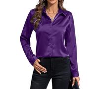IBAOTORONI Camicie da donna in raso con bottoni, a maniche lunghe, con colletto classico, in seta, con bottoni, top da lavoro casual, Viola, M