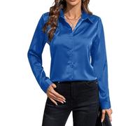 IBAOTORONI Camicie da donna in raso con bottoni, a maniche lunghe, con colletto classico, in seta, con bottoni, top da lavoro casual, Blu, M