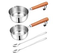 ibasenice 2 set di pentole in acciaio inox con manico in legno resistente al calore, 150 ml e 300 ml, doppio beccuccio, scalda burro, caffè e latte con cucchiaini, pentola per sciogliere il