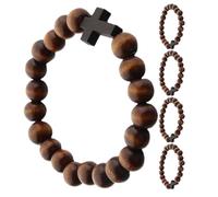 ibasenice Braccialetto con Croce in Legno Naturale Set da 5 Pezzi Elasticizzato con Perline di Preghiera Gioielli Religiosi Cattolici Unisex per Uso Quotidiano e Regalo Natalizio