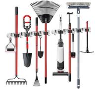 ibell Porta scope Parete 2 Pezzi, Portascope da Muro Appendibile con 8 Posti e 10 Ganci, Supporto Scopa e Portaspazzole Muro in Acciaio Inossidabile, Porta Utensili Autoadesivo per Garage e Giardino