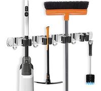 ibell Portascopa e Portaspazzole Da Muro con 4 Posti e 5 Ganci, Portascope da Muro Appendi in Acciaio Inossidabile, Supporto Parete Autoadesivo per Scopa e Porta Utensili per Giardino, Garage