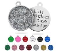 Ibera gifts - Medaglietta Personalizzata per Gatti di Medio - Grande Taglia - Faccia di Gatto - Targhetta Collare Incisione Targhette Gps Personalizzate (Argento Glitterato)