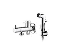 Ibergrif M22005 - Valvola da Angolo a Due Uscite con Doccetta, Supporto e Flessibile per WC, Rubinetto Arresto, Cromo