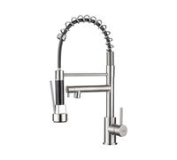 Ibergrif M22144A Rubinetto da cucina per lavello ad alta pressione, con molla a spirale e blocco, doccetta estensibile, orientabile a 360°, in nichel spazzolato, miscelatore monocomando ad estrazione