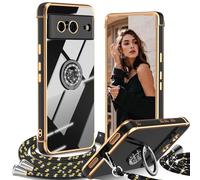 IBETEK Cover per Google Pixel 8 5G con Cordino, con Supporto ad Anello Cuore, Custodia Sottile Silicone TPU Antiurto Dorata Placcatura Protettiva Case Regolabile Collana Tracolla, Nero