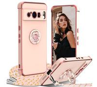 IBETEK Cover per Google Pixel 8 Pro 5G con Cordino, con Supporto ad Anello Cuore, Custodia Sottile Silicone TPU Antiurto Dorata Placcatura Protettiva Case Regolabile Collana Tracolla, Rosa