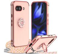 IBETEK Cover per Google Pixel 9A con Cordino, con Supporto ad Anello Cuore, Custodia Sottile Morbido Silicone TPU Antiurto Dorata Placcatura Protettiva Case Regolabile Collana Tracolla, Rosa