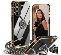 IBETEK Cover per Samsung Galaxy A25 5G con Cordino, con Supporto ad Anello Cuore, Custodia Sottile Morbido Silicone TPU Antiurto Dorata Placcatura Protettiva Case Regolabile Collana Tracolla, Nero