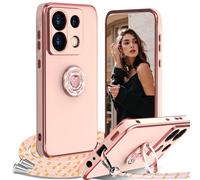 IBETEK Cover per Xiaomi 14T con Cordino, con Supporto ad Anello Cuore, Custodia Sottile Morbido Silicone TPU Antiurto Dorata Placcatura Protettiva Case Regolabile Collana Tracolla, Rosa