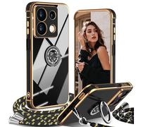 IBETEK Cover per Xiaomi 14T con Cordino, con Supporto ad Anello Cuore, Custodia Sottile Morbido Silicone TPU Antiurto Dorata Placcatura Protettiva Case Regolabile Collana Tracolla, Nero