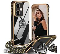 IBETEK Cover per Xiaomi Redmi Note 13 Pro+ Plus 5G con Cordino, con Supporto ad Anello Cuore, Custodia Silicone TPU Antiurto Dorata Placcatura Protettiva Case Regolabile Collana Tracolla, Nero