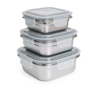 Ibili Keepklin - Set di 3 contenitori quadrati da 0,3 l, 0,5 l e 0,8 l in acciaio inossidabile adatto al microonde