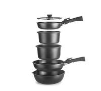 IBILI - Set batteria 9 pezzi Kompakto, padella 20-26 cm, padella profonda 26 cm, pentola 18-20 cm, coperchio 20-26 cm, 2 manici rimovibili, senza PFAS, alluminio pressofuso, impilabile, facile da