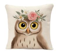 IBILIU Federa per cuscino con gufo ad acquerello, 45 x 45 cm, con grazioso gufo marrone e gufo, in cotone e lino, per divano, camera da letto